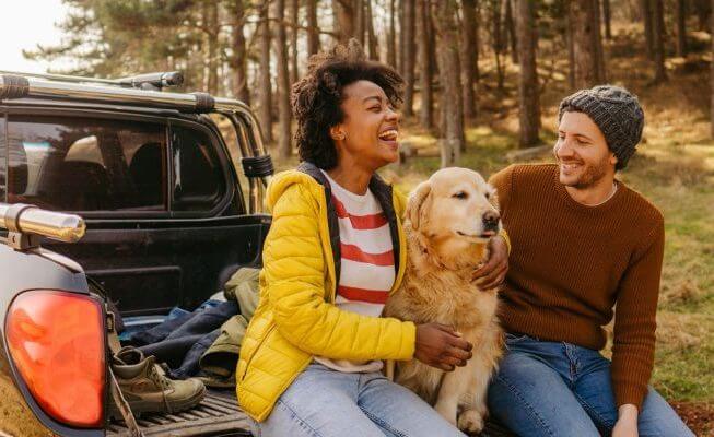 A couple discuss IRA savings accounts while camping with dog.