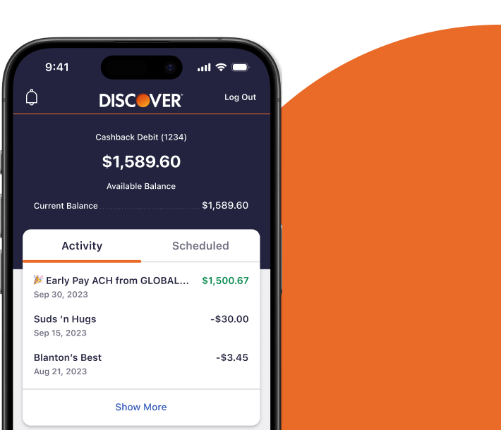 Mobile device with Discover Cashback Debit account screen displaying.