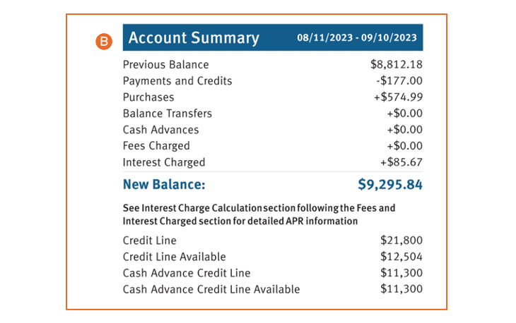 Account summary section of a Discover<sup>®</sup> credit card statement with numbers for payments, credits, interest, and other categories. 