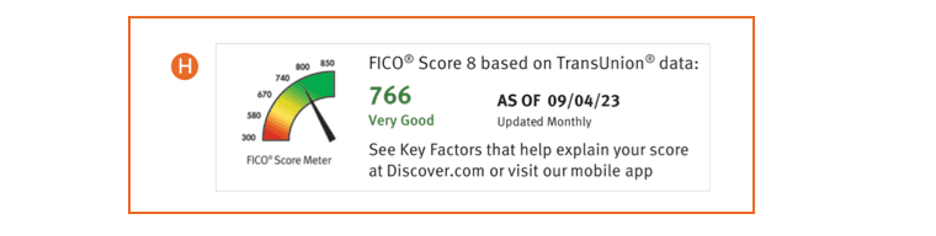 Example of the FICO<sup>®</sup> Score section found in a Discover<sup>®</sup> credit card statement. 