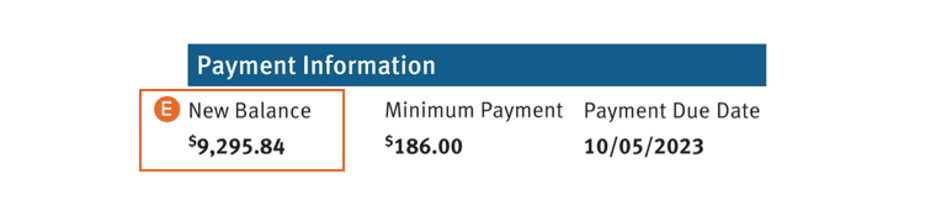 Payment information section of a Discover<sup>®</sup> credit card statement with the new balance highlighted.