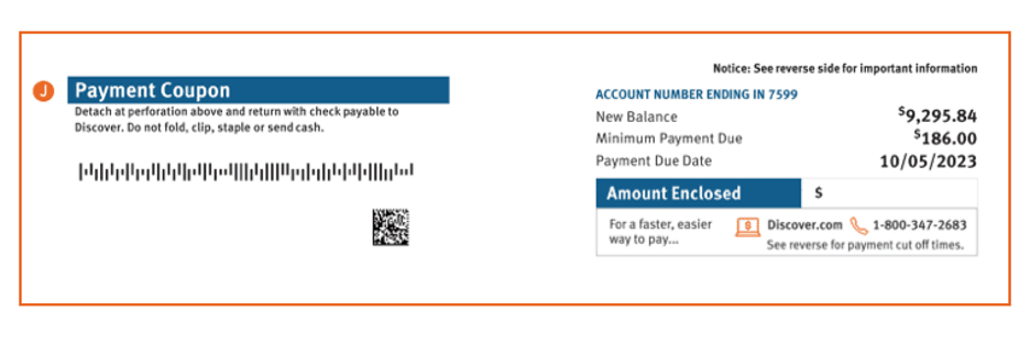 A payment coupon found in a Discover<sup>®</sup> Card statement, including the amount due and due date.