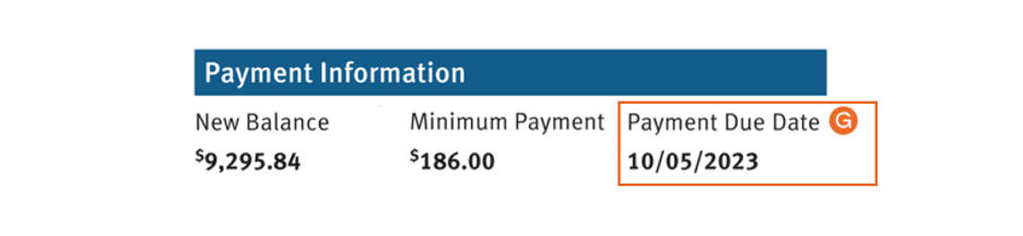 The payment due date highlighted in the payment information section of a Discover<sup>®</sup> credit card statement.