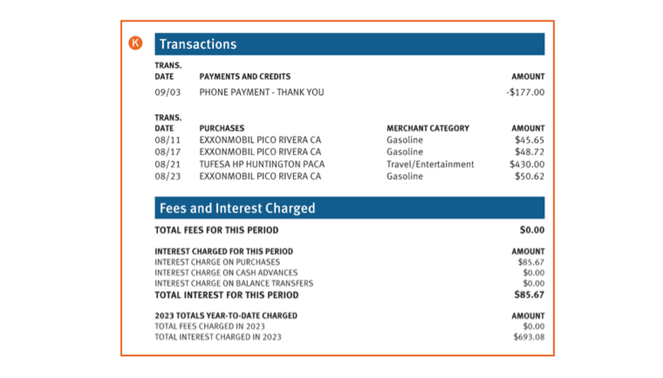 The “transactions” and “fees and interest charged” sections of a Discover<sup>®</sup> Card statement. 