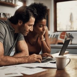 A couple shares a laptop that sits on a kitchen island next to paperwork.