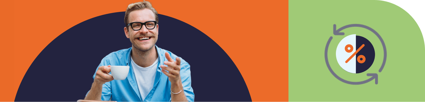 Man wearing glasses, drinking from a large mug and pointing