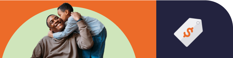 Young boy hugs his seated grandpa around the neck and kisses his cheek