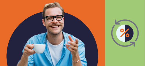 Man wearing glasses, drinking from a large mug and pointing