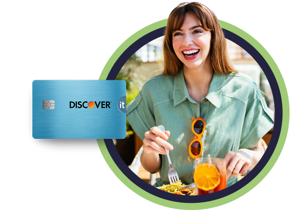 Woman in linen shirt smiling and eating breakfast on sunny patio