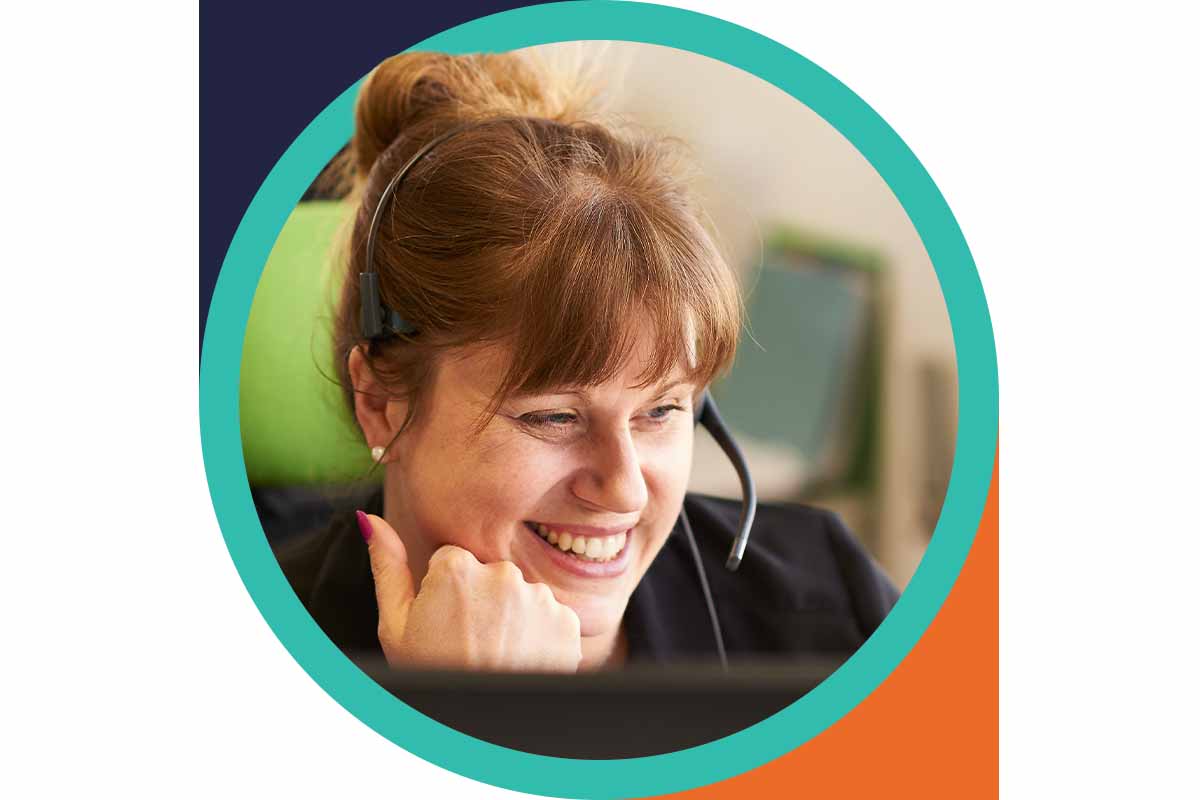 Female customer service agent with headset on talking on the phone