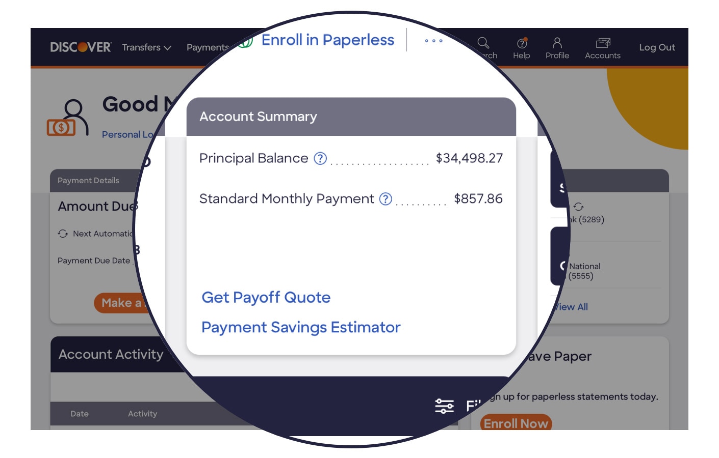 Close up view of account summary details on the Discover Personal Loans account center homepage, displaying principal balance, standard monthly payment, and links for getting a payoff quote and using a payment savings estimator.