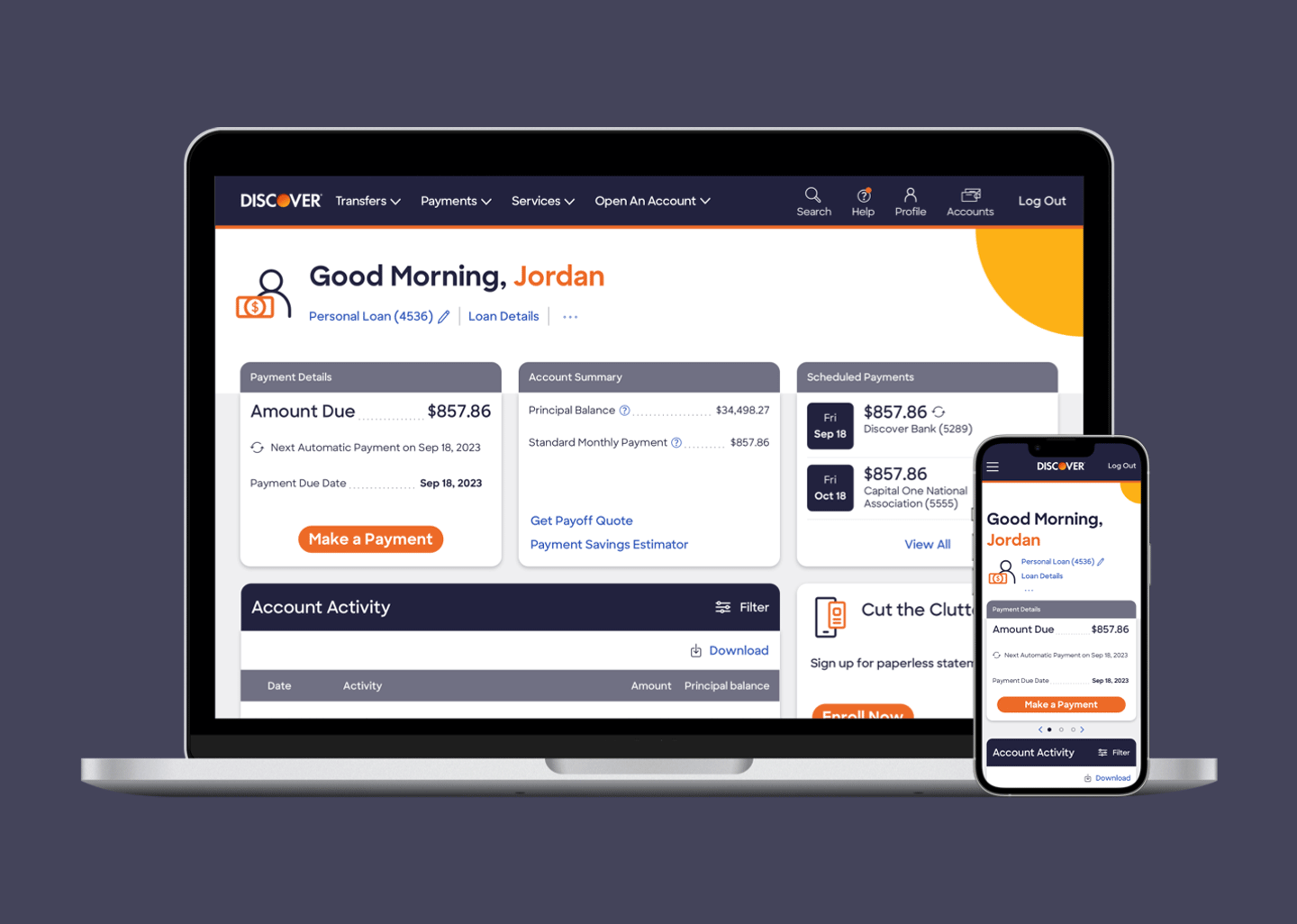 Image displays laptop and mobile views of the Discover Personal Loans account center, showcasing home page layout and features.