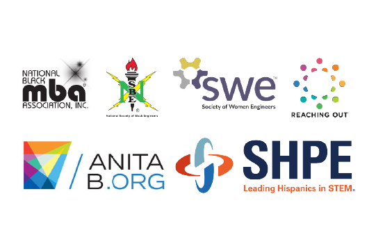 Collection of logos including: National Black MBA Association, Inc., National Society of Black Engineers, Society of Women Engineers, Reaching Out, Anitab.org, and SHPE: Leading Hispanic in STEM.
