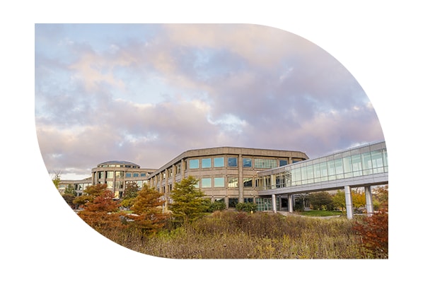 Exterior view of a Discover office building with lots of windows, with light blue sky and clouds in the background.