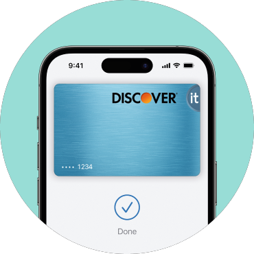 An iPhone displaying a Discover Card in Apple Pay with completed payment, inside a teal circle.