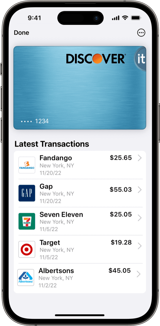 iPhone Apple Pay screen with transaction list