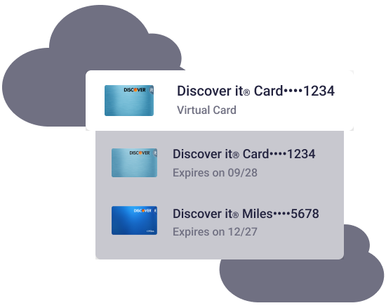 A virtual card number is selected from a list of payment methods, alongside clouds on a midnight background.