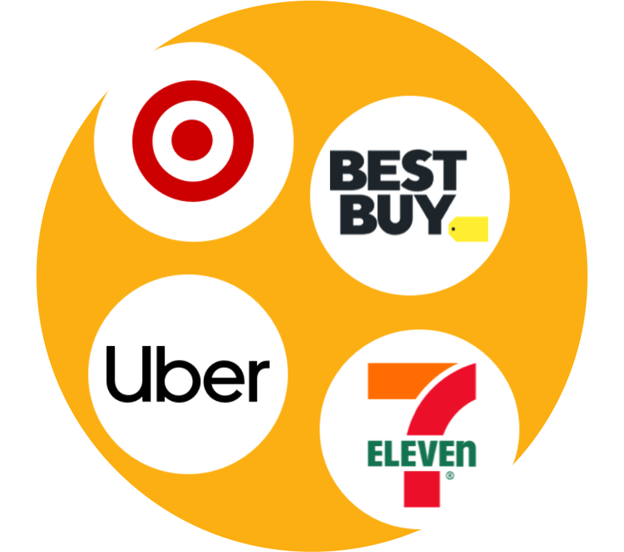 Rotating logos of popular merchants like Target, Best Buy, ALDI, Uber, Fandango, Gap, CVS and others superimposed over a yellow circle.
