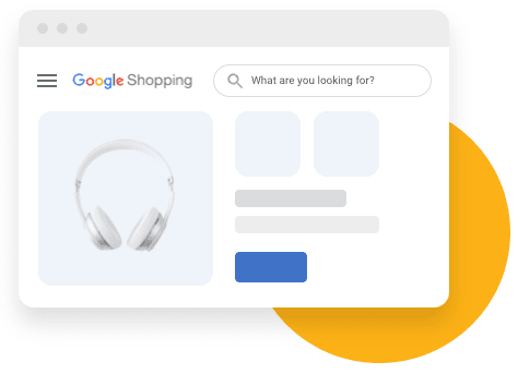 A cursor clicks to purchase headphones in a Google Chrome browser and chooses to save a Discover Card as a payment method, alongside a yellow circle.