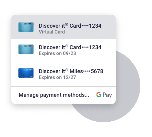 A cursor clicks on a virtual card number within a list of payment methods, alongside a light gray circle.
