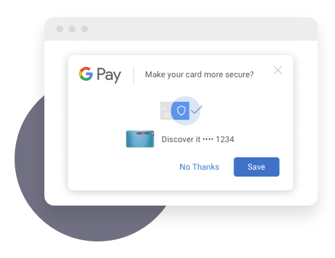 A Discover Card is enrolled as a virtual card number in Google Chrome, alongside a dark gray circle.