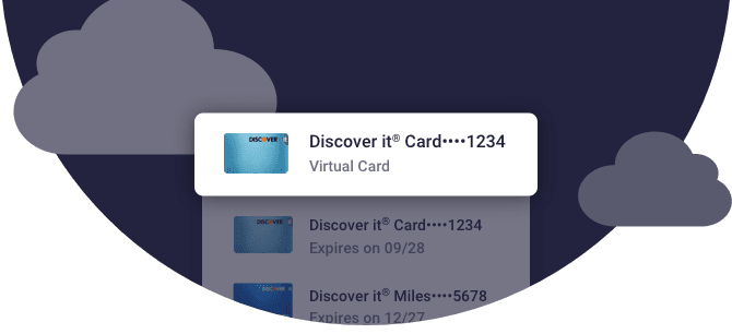 A virtual card number created for a Discover Card in Google Chrome alongside clouds on a midnight background.