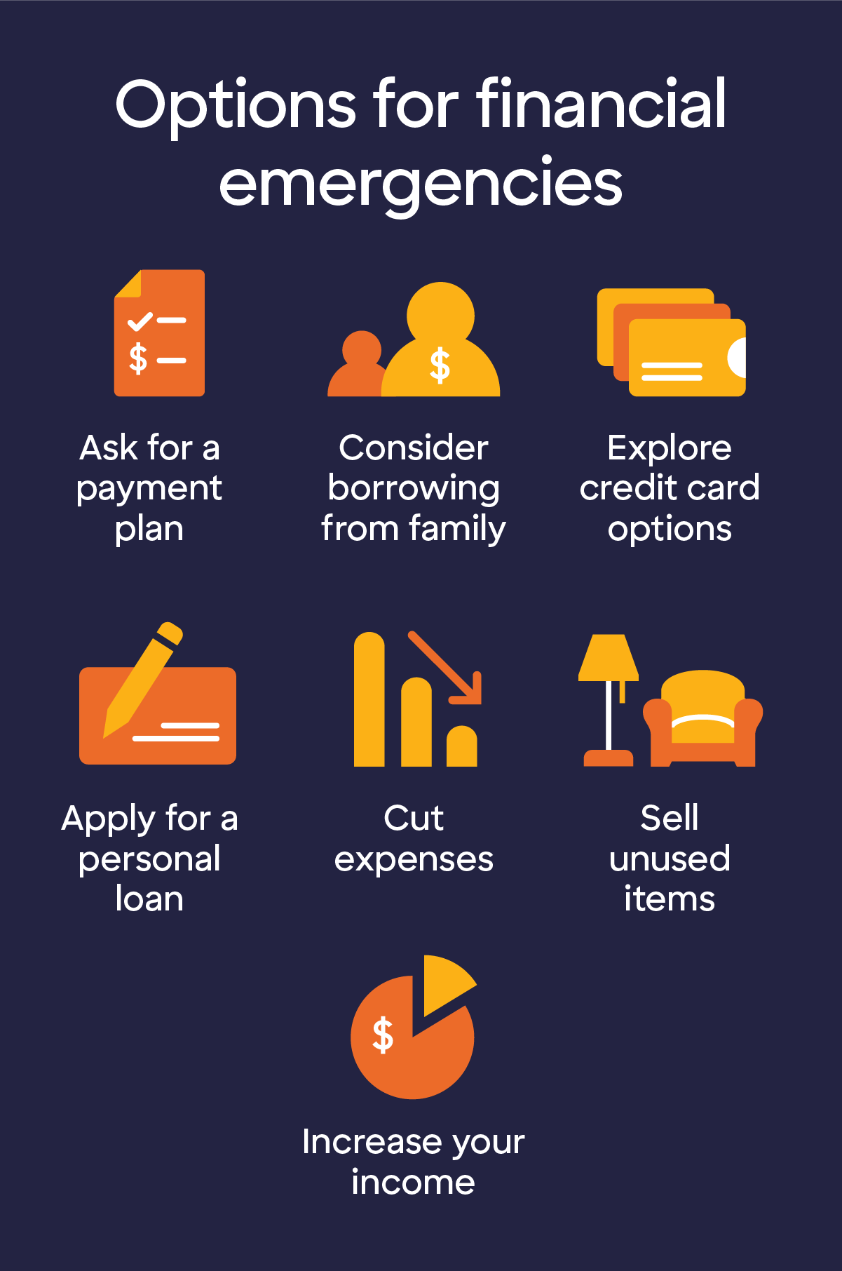 Graphic depicting options for financial emergencies and when unexpected expenses arise. Options include (graphics to represent each topic): ask for a payment plan, talk to family, increase your income, apply for a personal loan, cut expenses, and sell unused items