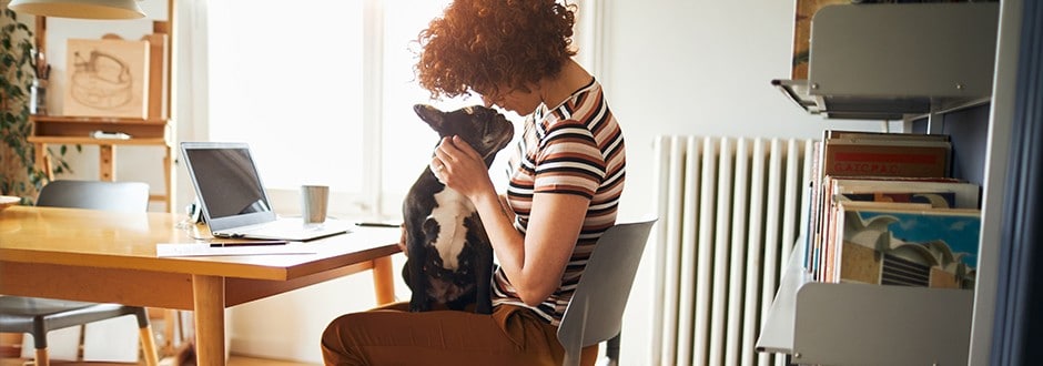 Woman with her dog taking a break from researching what factors affect debt consolidation loan rates