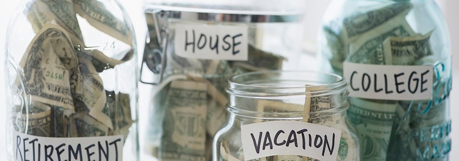 Four different jars of money available to fund major expenses, based on the pros and cons of each.