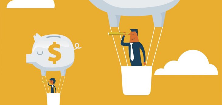 Illustrated man and woman floating in hot air balloon shaped like piggy banks.