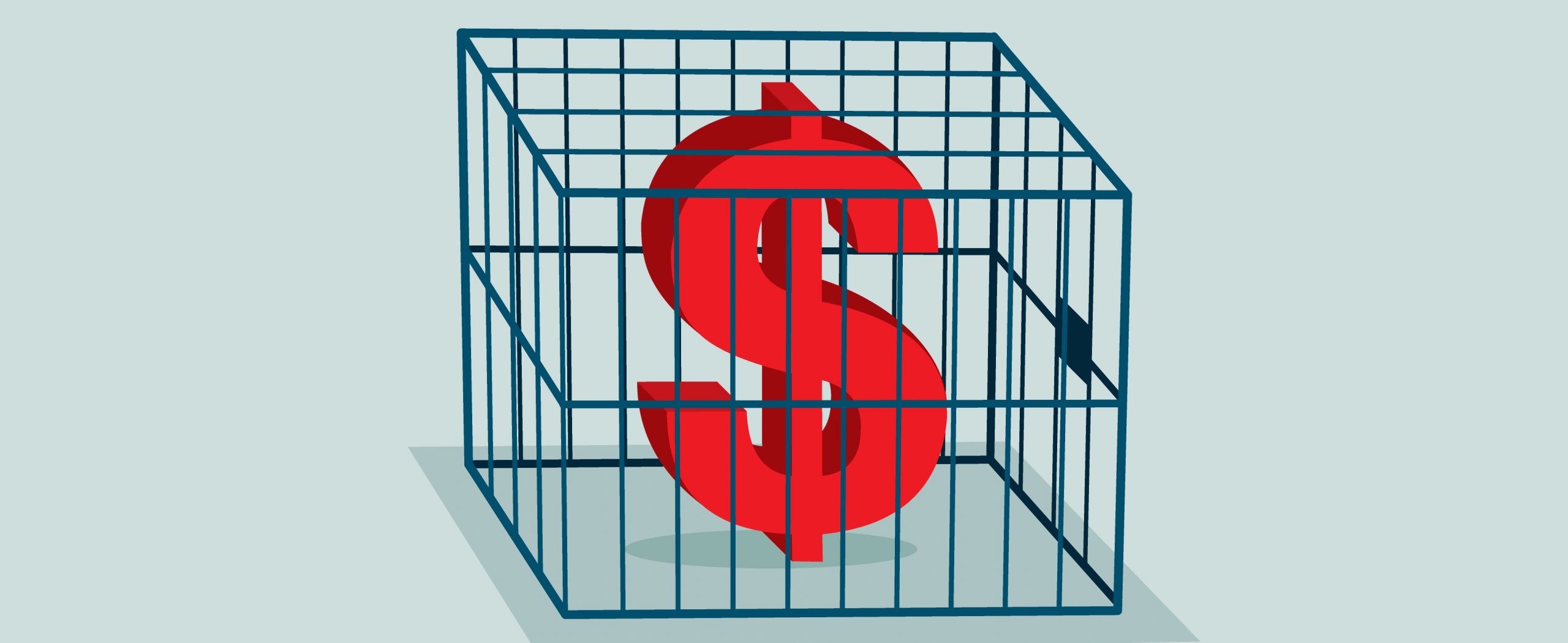 Illustration of a giant dollar sign inside a metal cage.