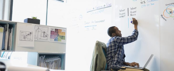 Man writing on a whiteboard outlines his business plans