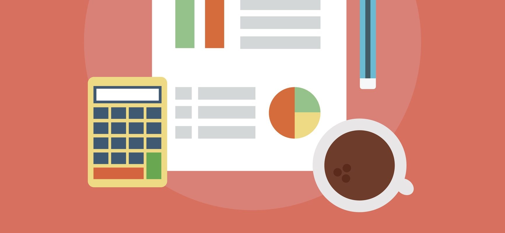 Graphic showing a graph, calculator, pen, and cup of coffee.