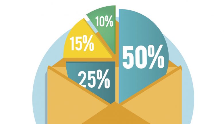 Graphic showing an envelope with a pie graph inside of it.