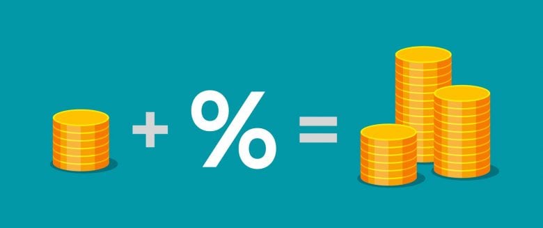 Graphic showing an equation. A small stack of coins plus a given percentage equals a much larger amount of coins.