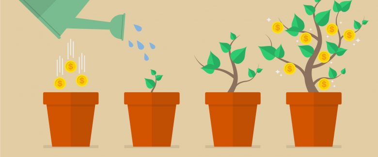 Graphic showing someone watering plants that grow money.