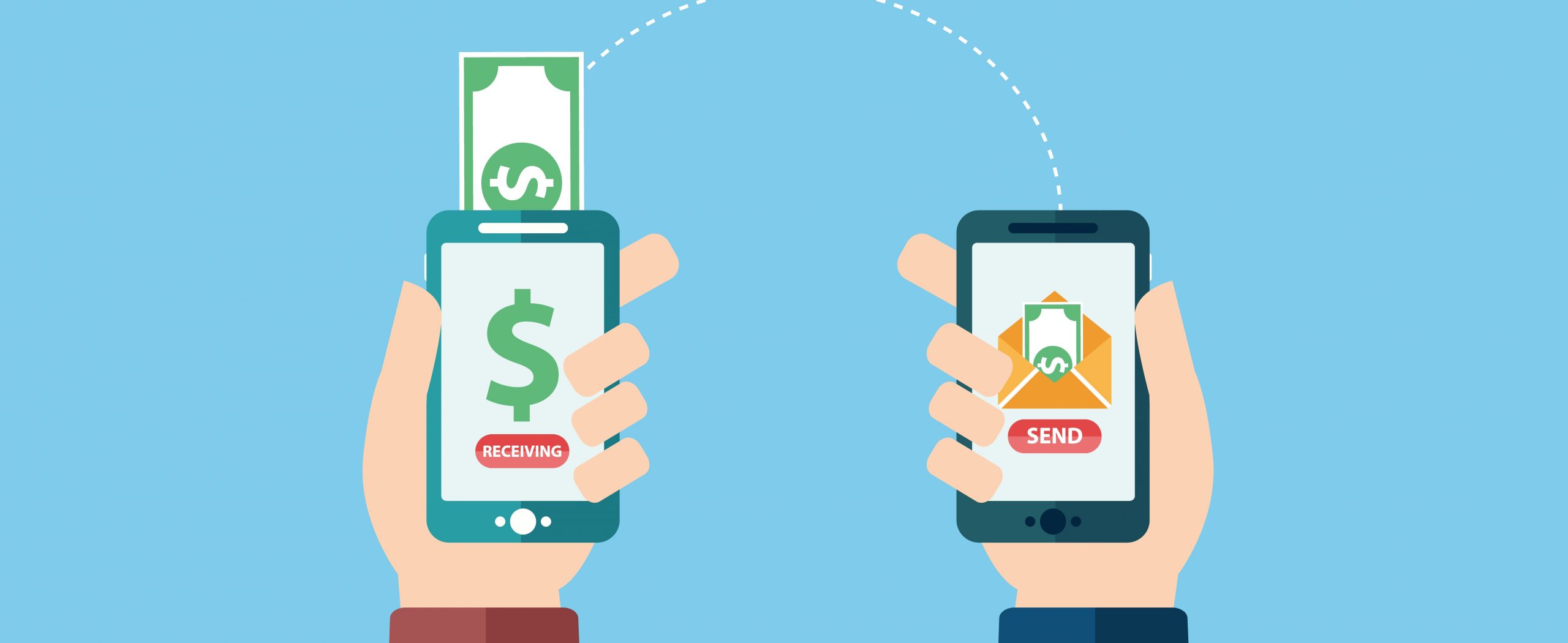 A graphic shows two hands holding two mobile devices. A dollar bill pops out the top of one device with a dotted line leading to the other, representing the digital transfer of money.