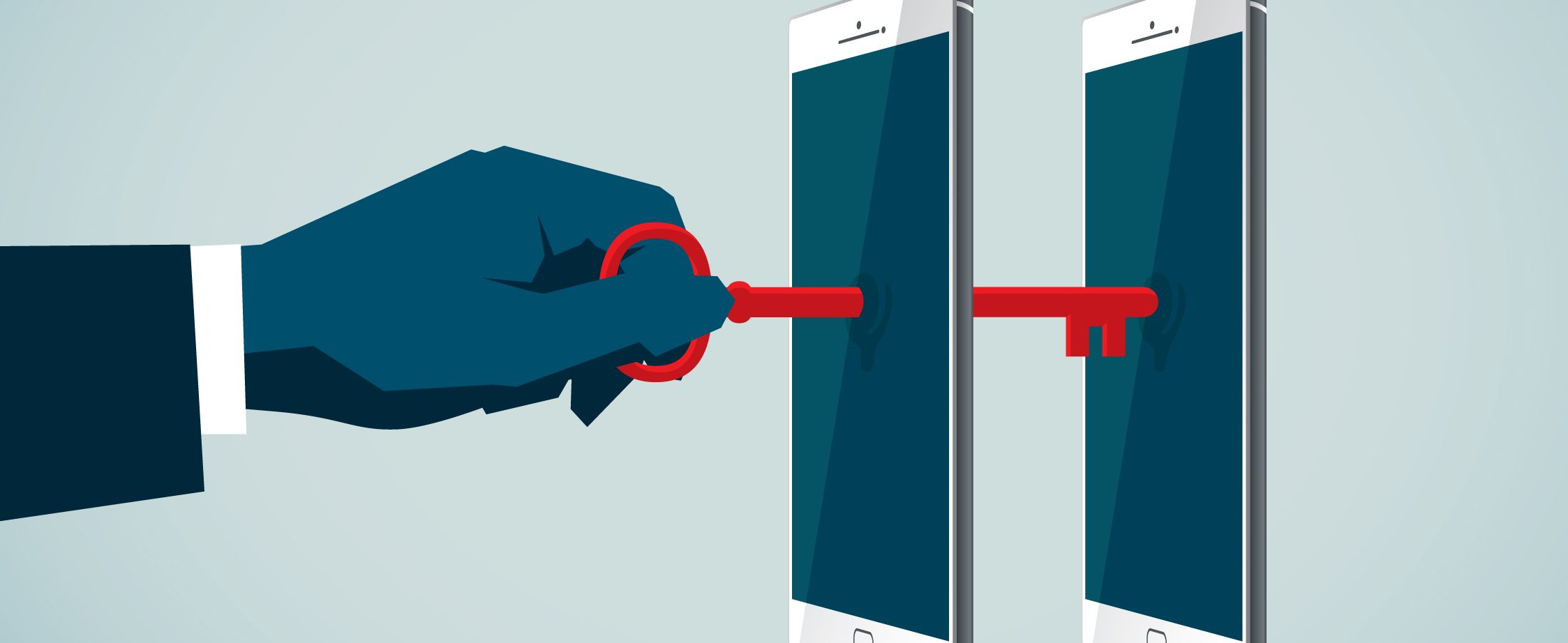 Graphic showing a hand inserting a key through two mobiles devices.