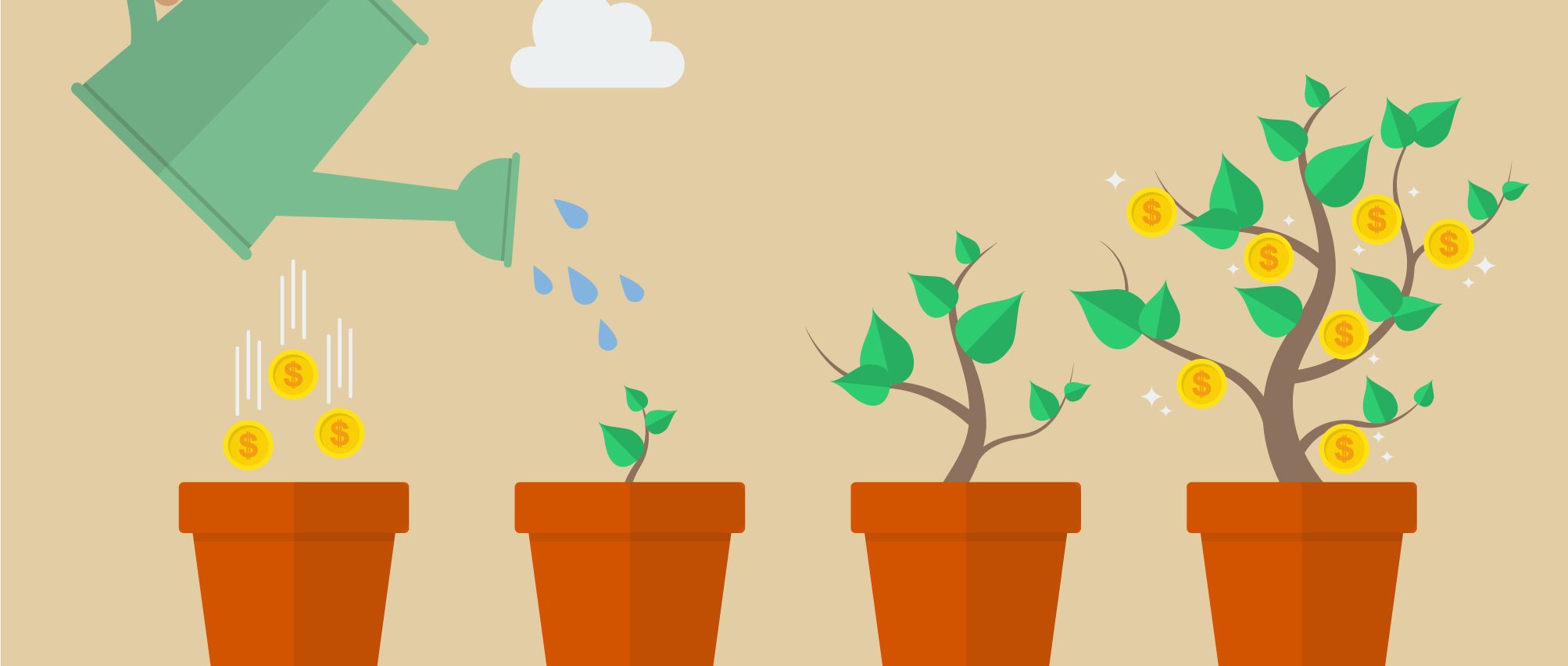 An illustration showing four pots. First pot showing three gold coins with dollar signs on them, second pot being watered with a watering can and a small plant growing, third pot showing the plant growing larger, and a fourth pot with a larger plant showing seven gold coins with dollar sings on them.