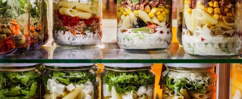 Prepared meals in mason jars.