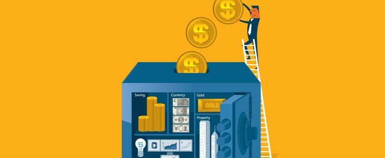Graphic of a person climbing a ladder and depositing money in a safe with their savings and gold.