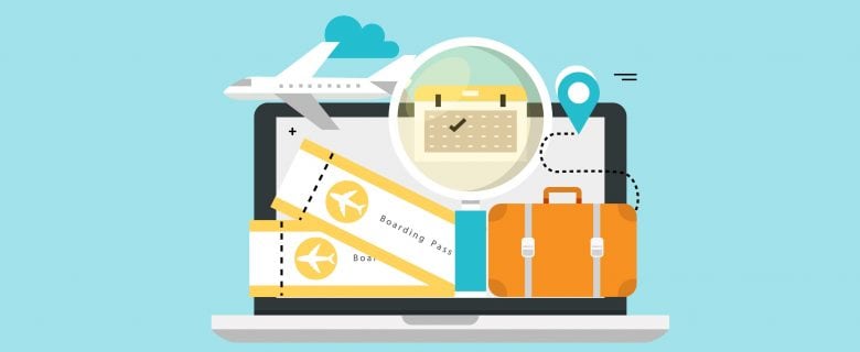 Illustration showing an airplane, calendar, plane tickets, and a suitcase, against a backdrop of a laptop computer.