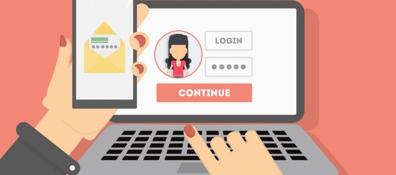 Graphic of a person holding their mobile device while logging in to an online account on their laptop.