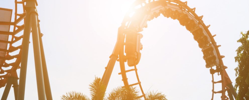 Close-up of a looping roller coaster.