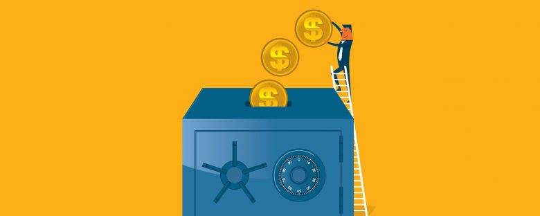 An illustration of a man climbing a ladder and depositing money in a safe