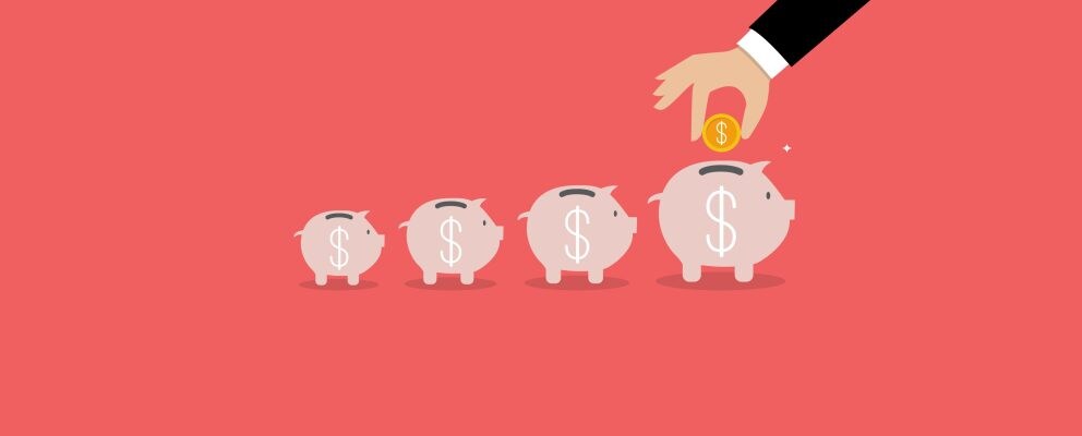 An illustration of 4 piggy banks getting bigger each time with a hand dropping a gold coin into the bigger one.