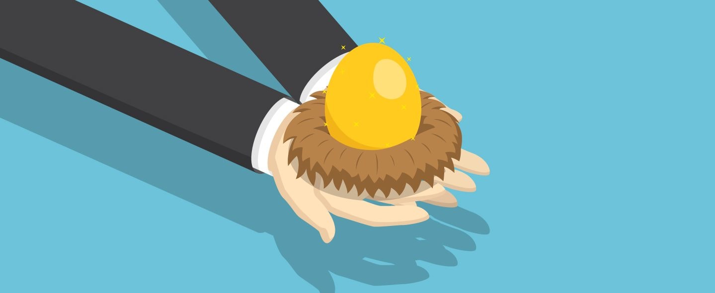 Graphic of two hands holding a golden egg in a nest.