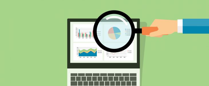 Graphic with someone holding a magnifying glass up to their laptop monitor, showing several financial graphs.