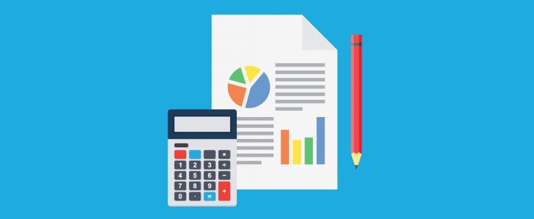 A graphic of a calculator, a report with graphs, and a pencil on a blue background. 