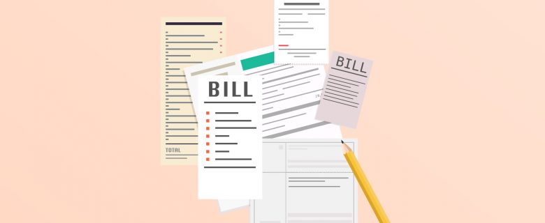 Illustration of several bills, with a pencil.